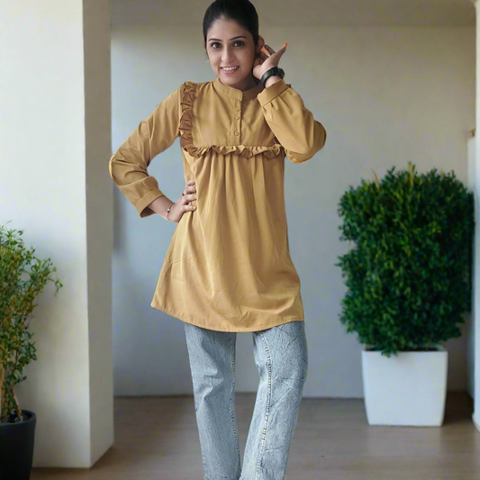 Beige Frilled Neck ShortKurti