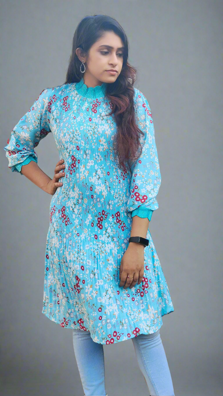 Sky Blue Floral Pleated Dress Sky Blue Floral Pleated Dress