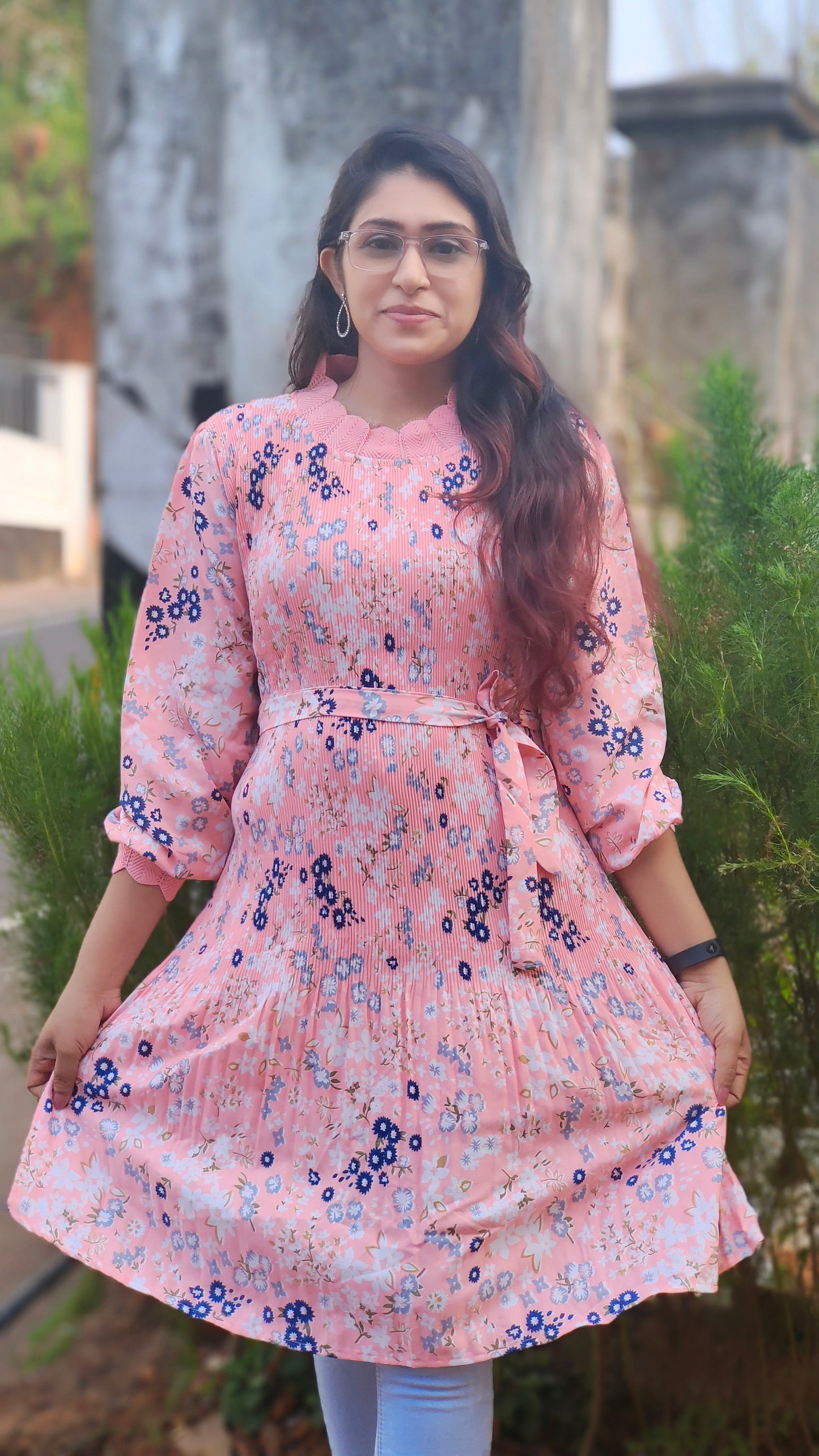 Peach Floral Pleated Dress