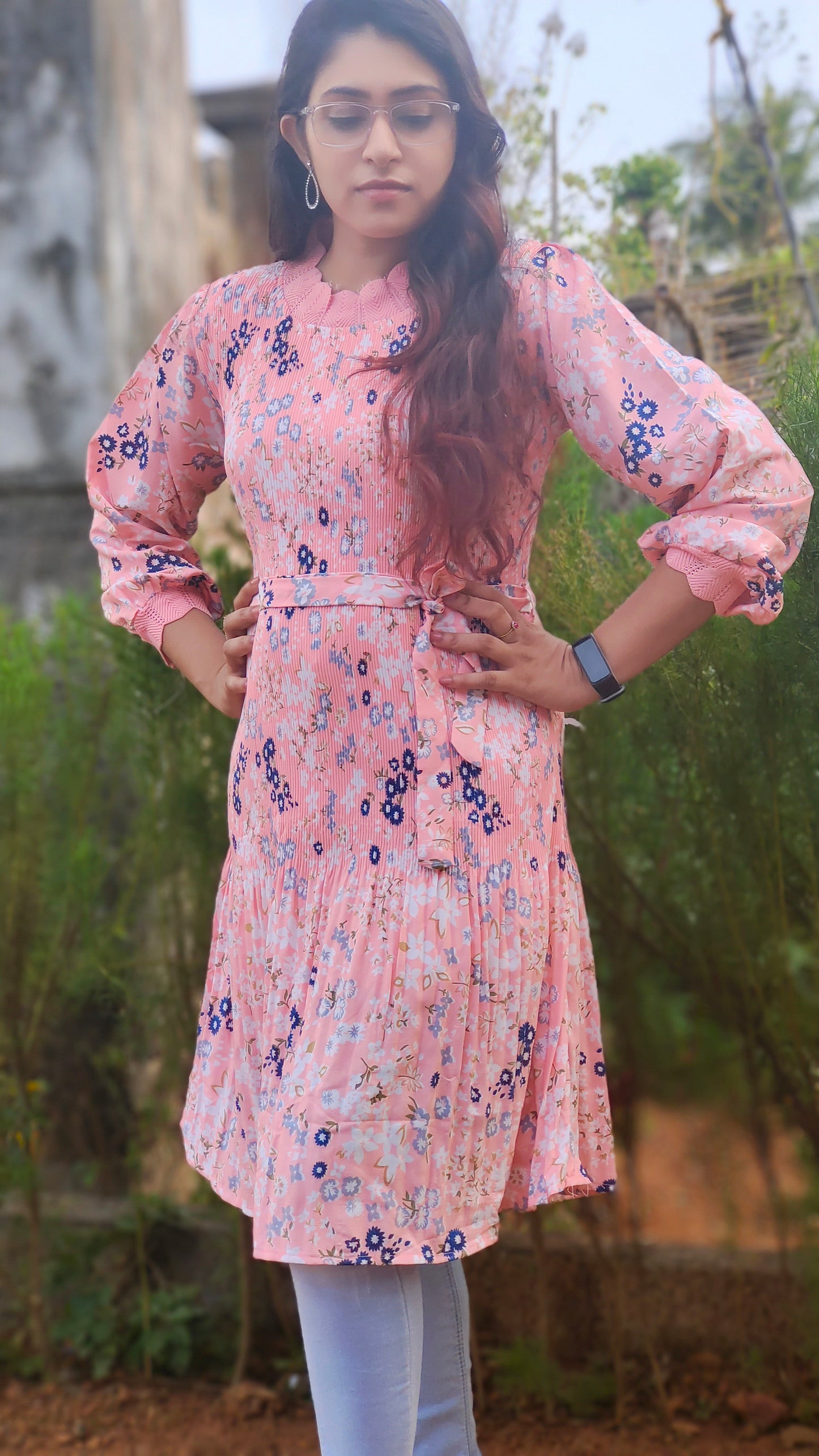 Peach Floral Pleated Dress