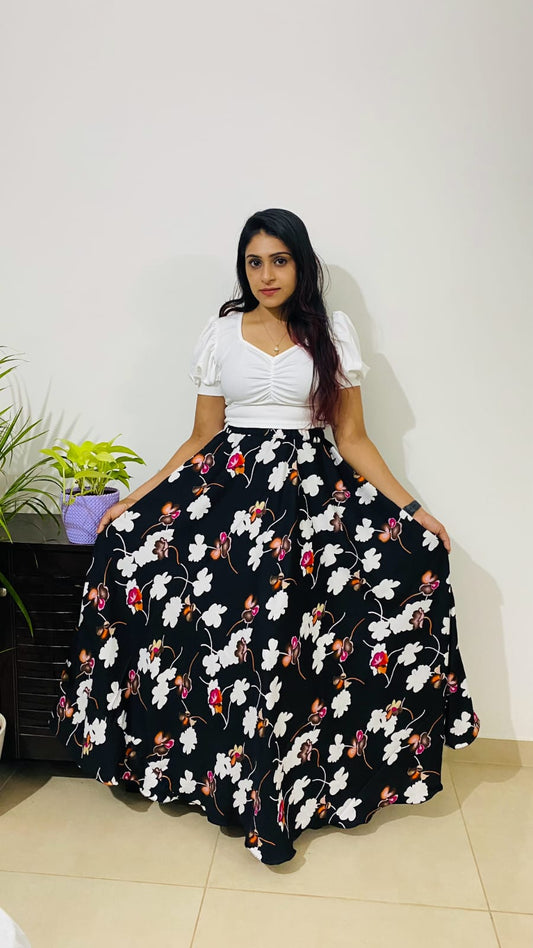 Black Floral Crepe Skirts