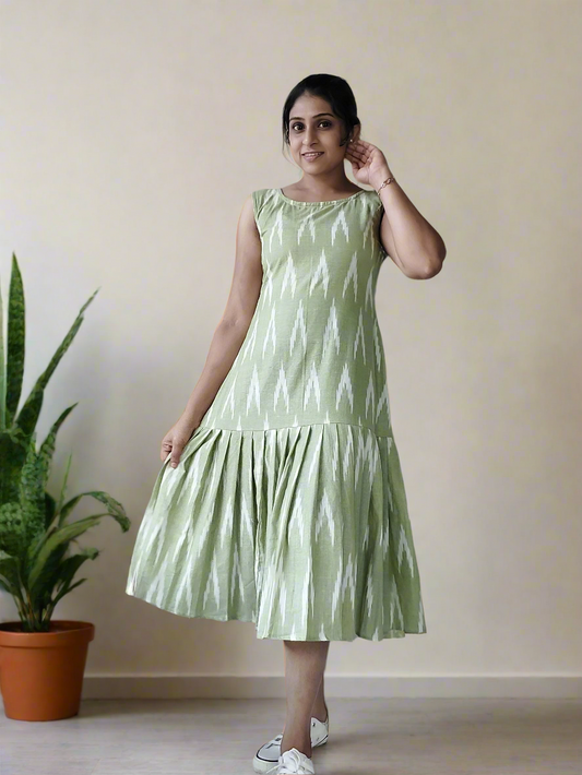 MehndiGreen Ikkat Pleated Dress