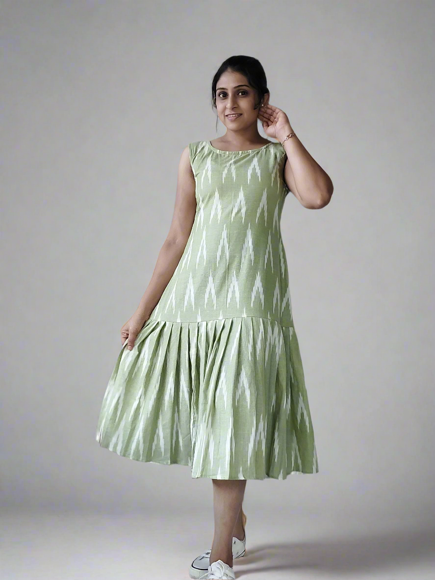 MehndiGreen Ikkat Pleated Dress