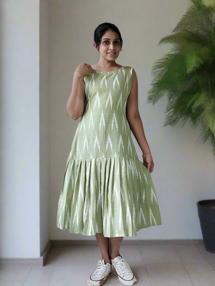 MehndiGreen Ikkat Pleated Dress