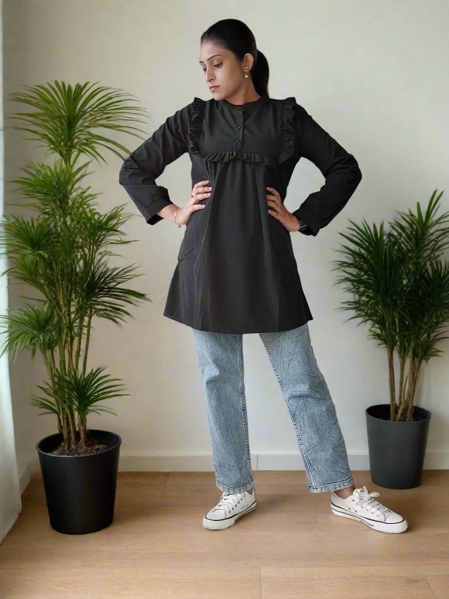 Black Frilled Neck ShortKurti