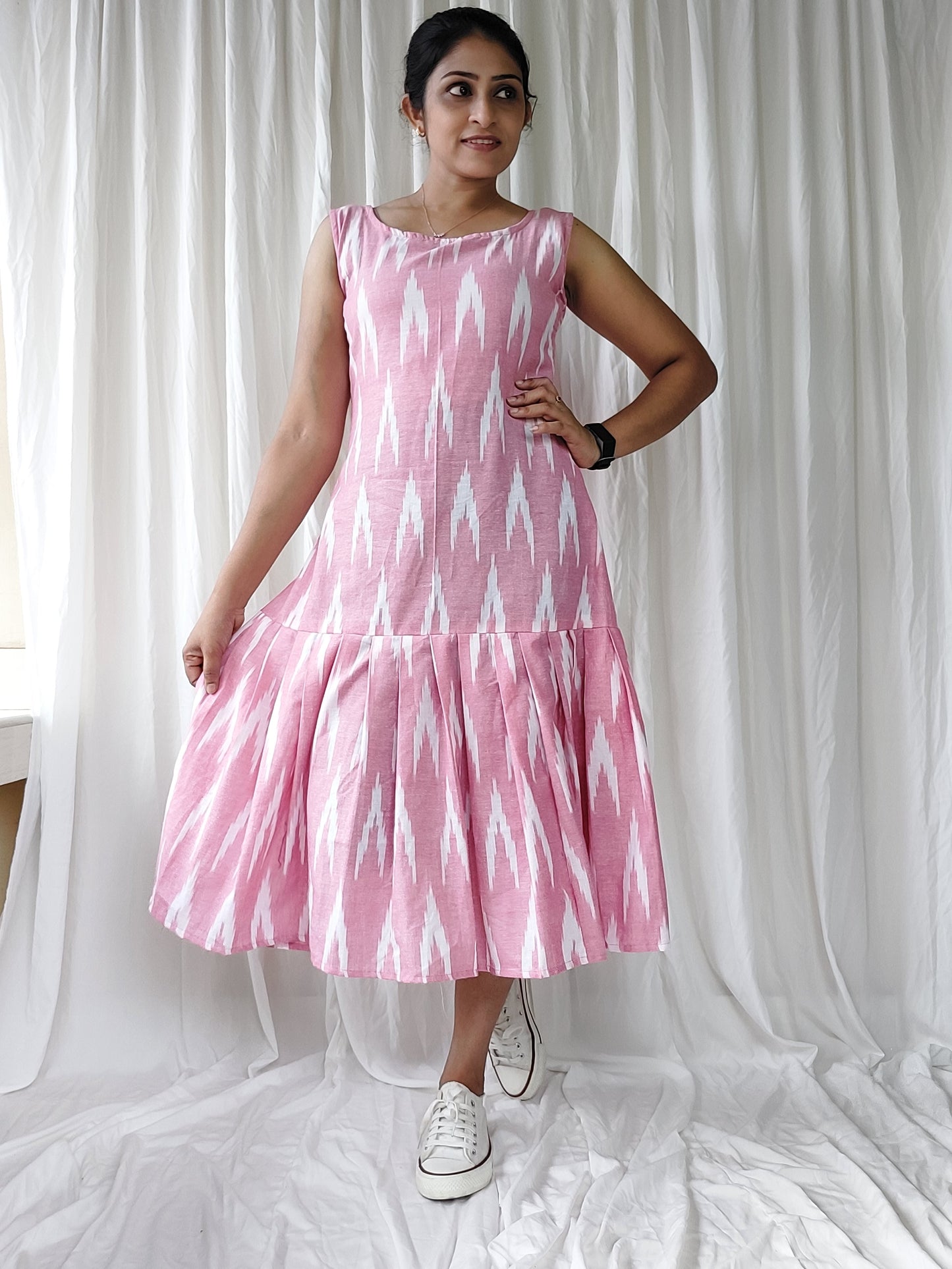 Pink Ikkat Pleated Dress