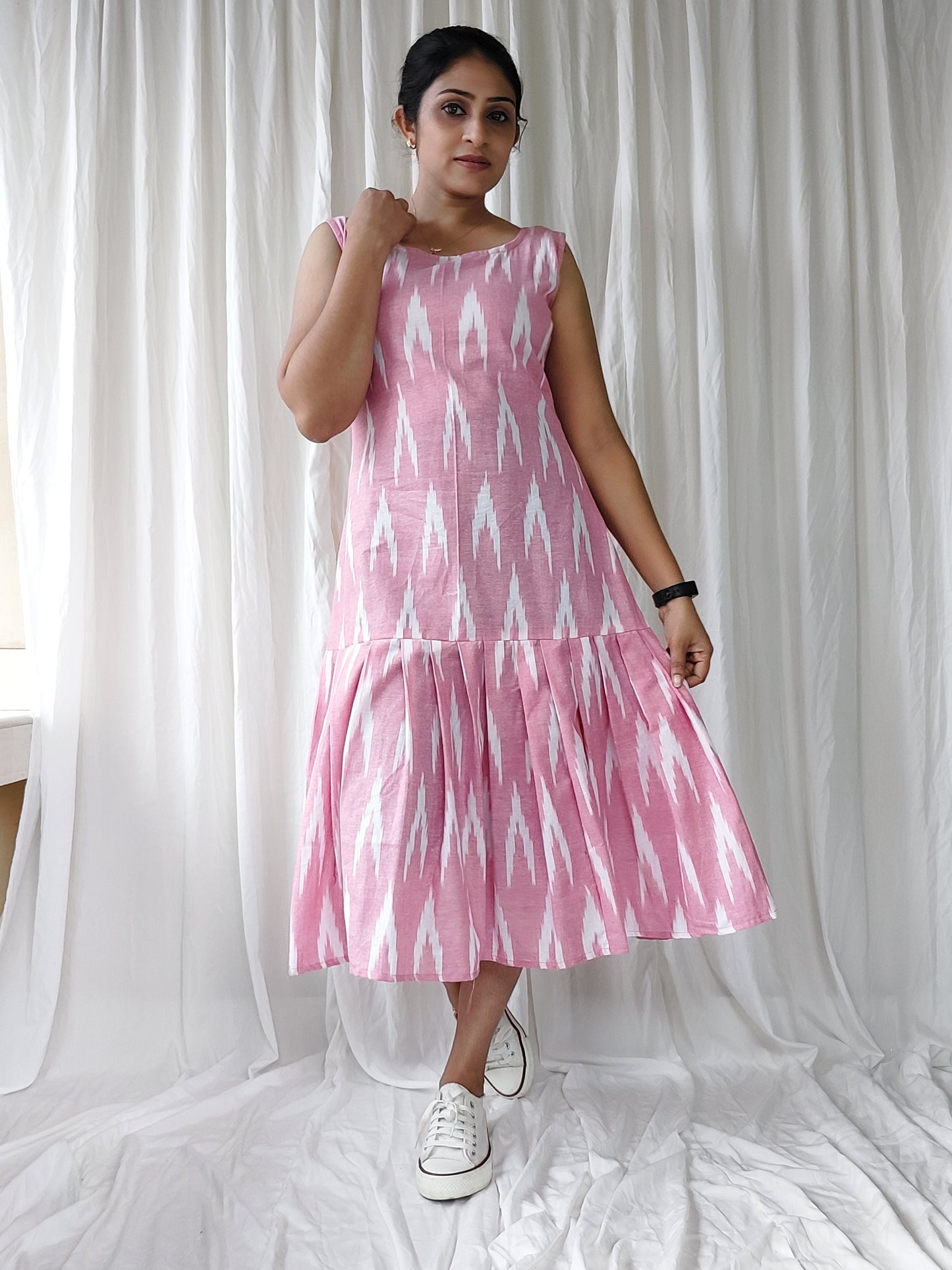 Pink Ikkat Pleated Dress