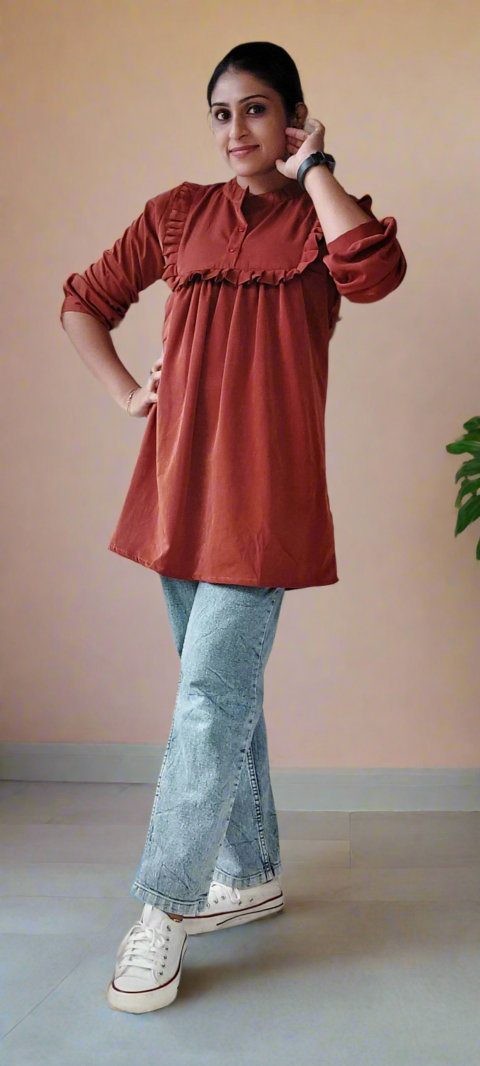 Brown Frilled Neck ShortKurti