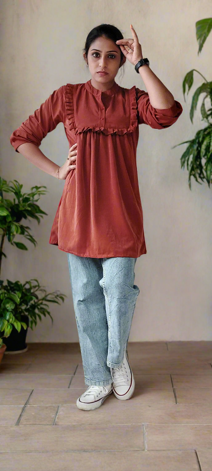 Brown Frilled Neck ShortKurti