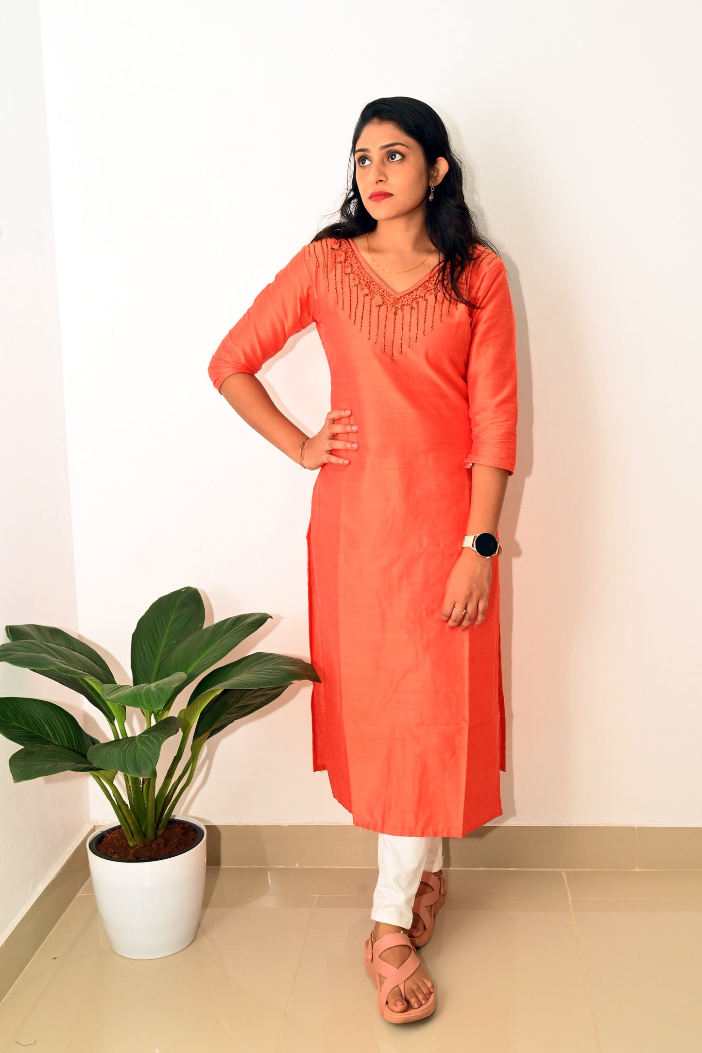 Orange Beads Handwork  Kurti