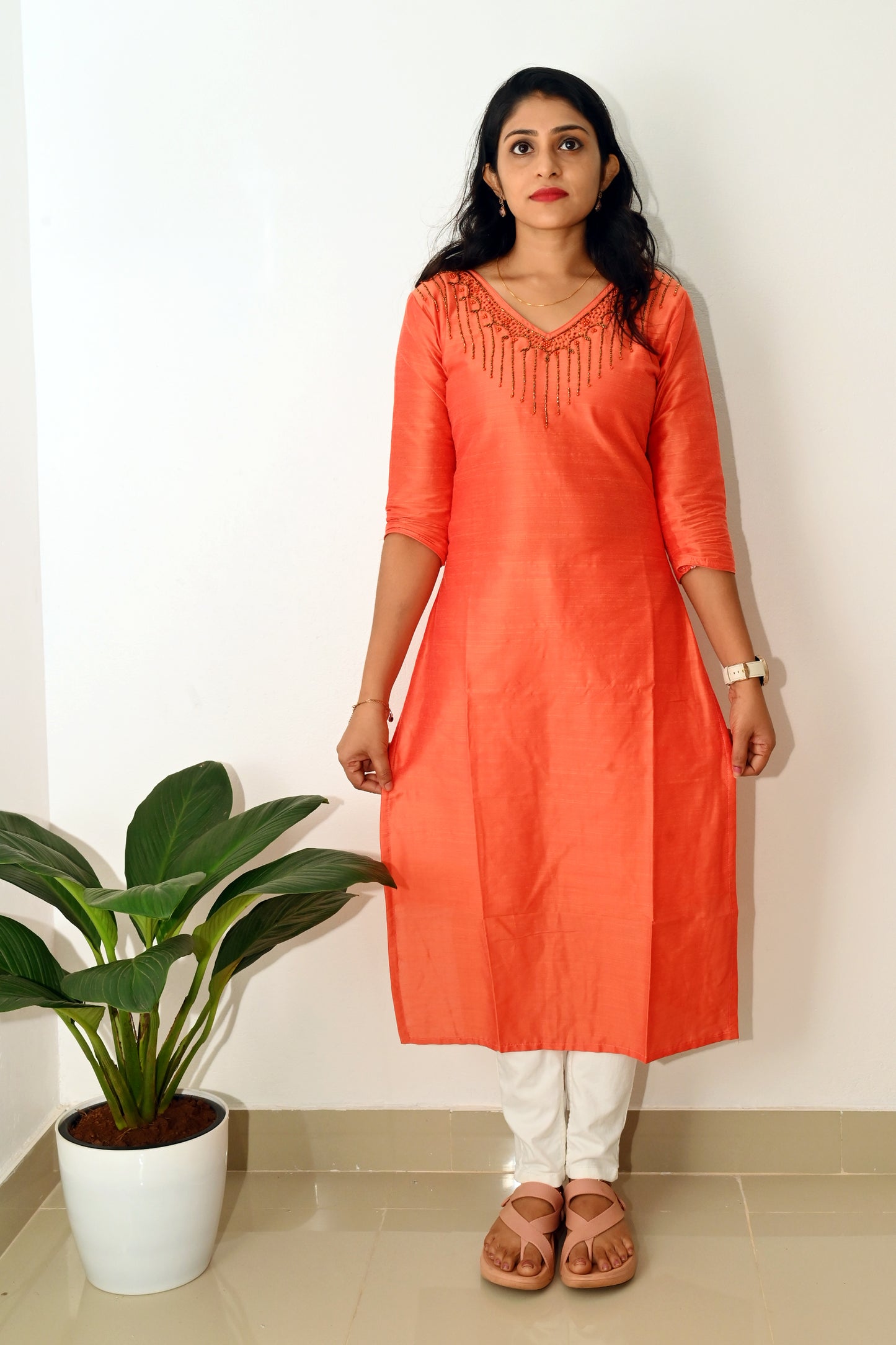 Orange Beads Handwork  Kurti