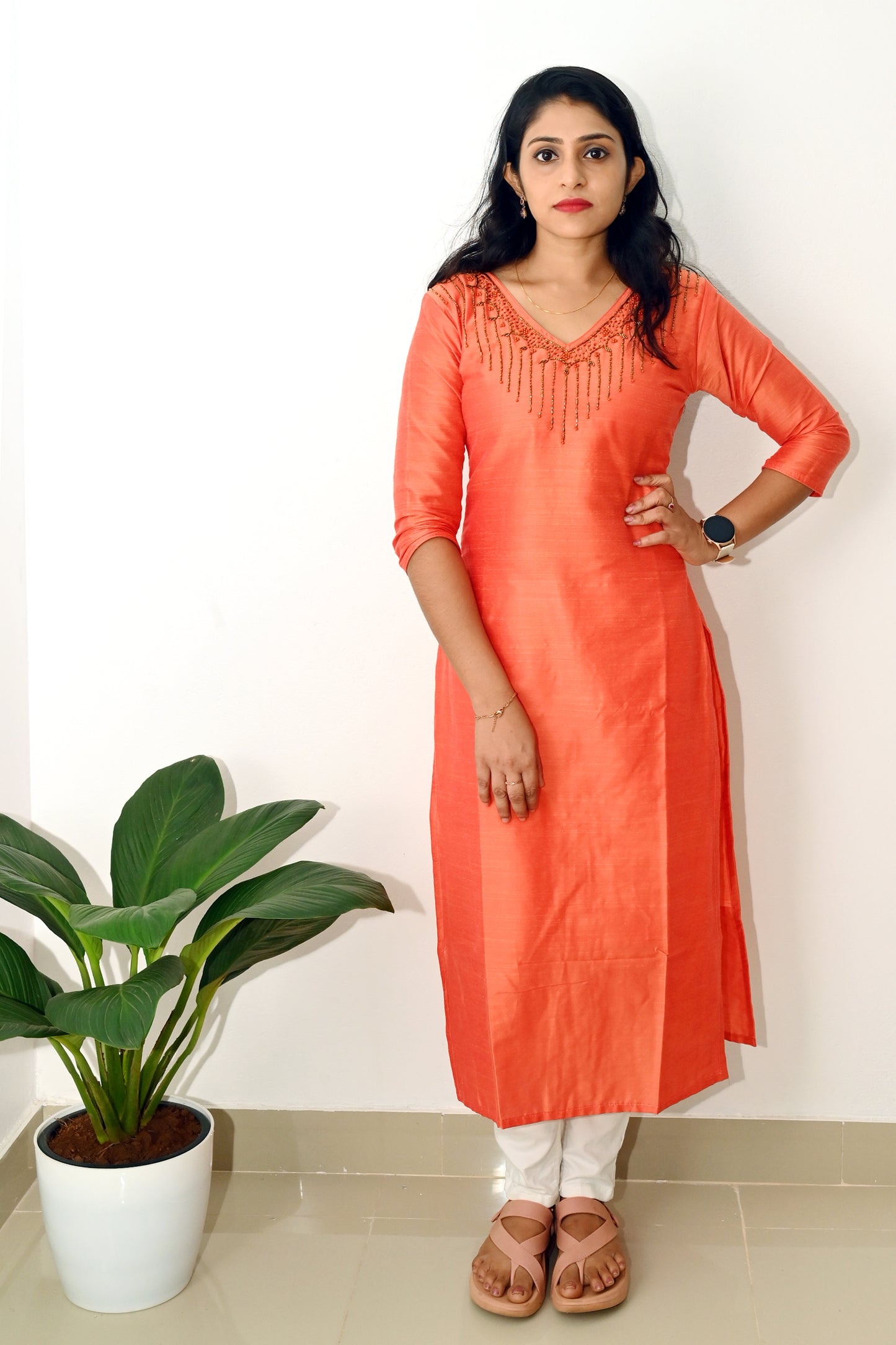 Orange Beads Handwork  Kurti