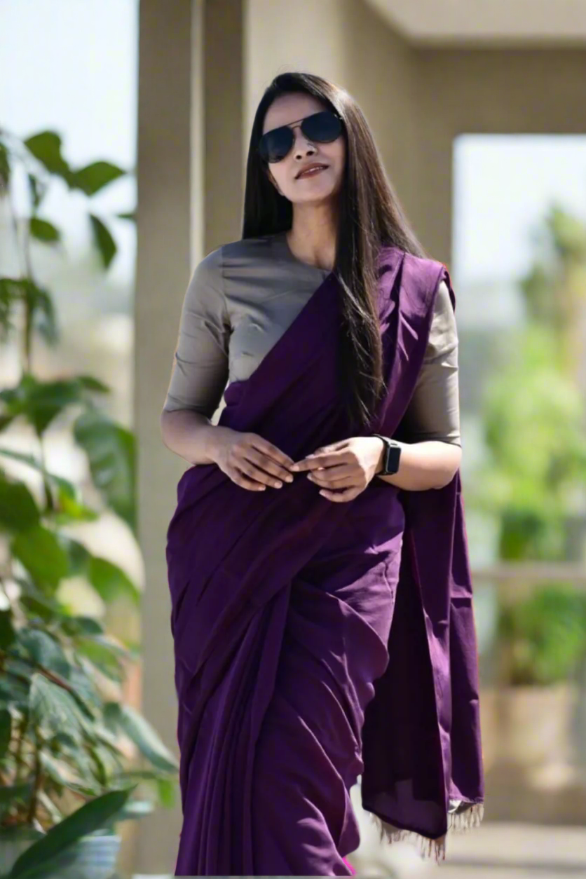 Purple Mul Cotton Saree