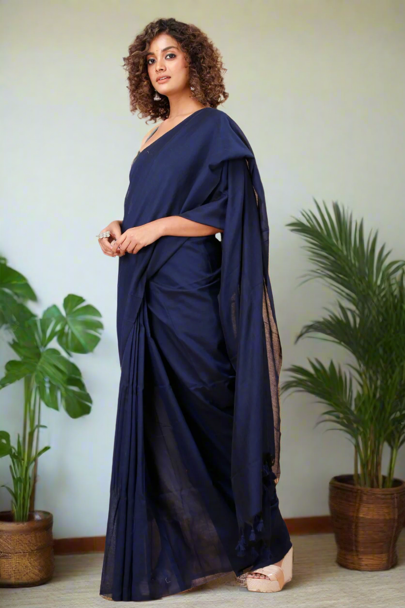 Navy Blue Khadi Cotton Saree