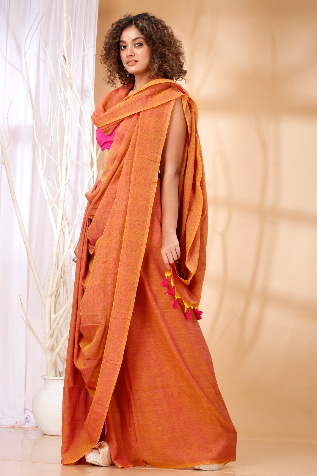 Orange Mul Cotton Saree