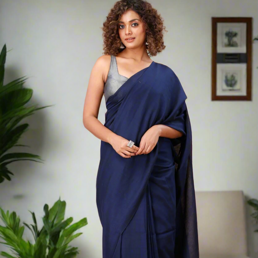 Navy Blue Khadi Cotton Saree