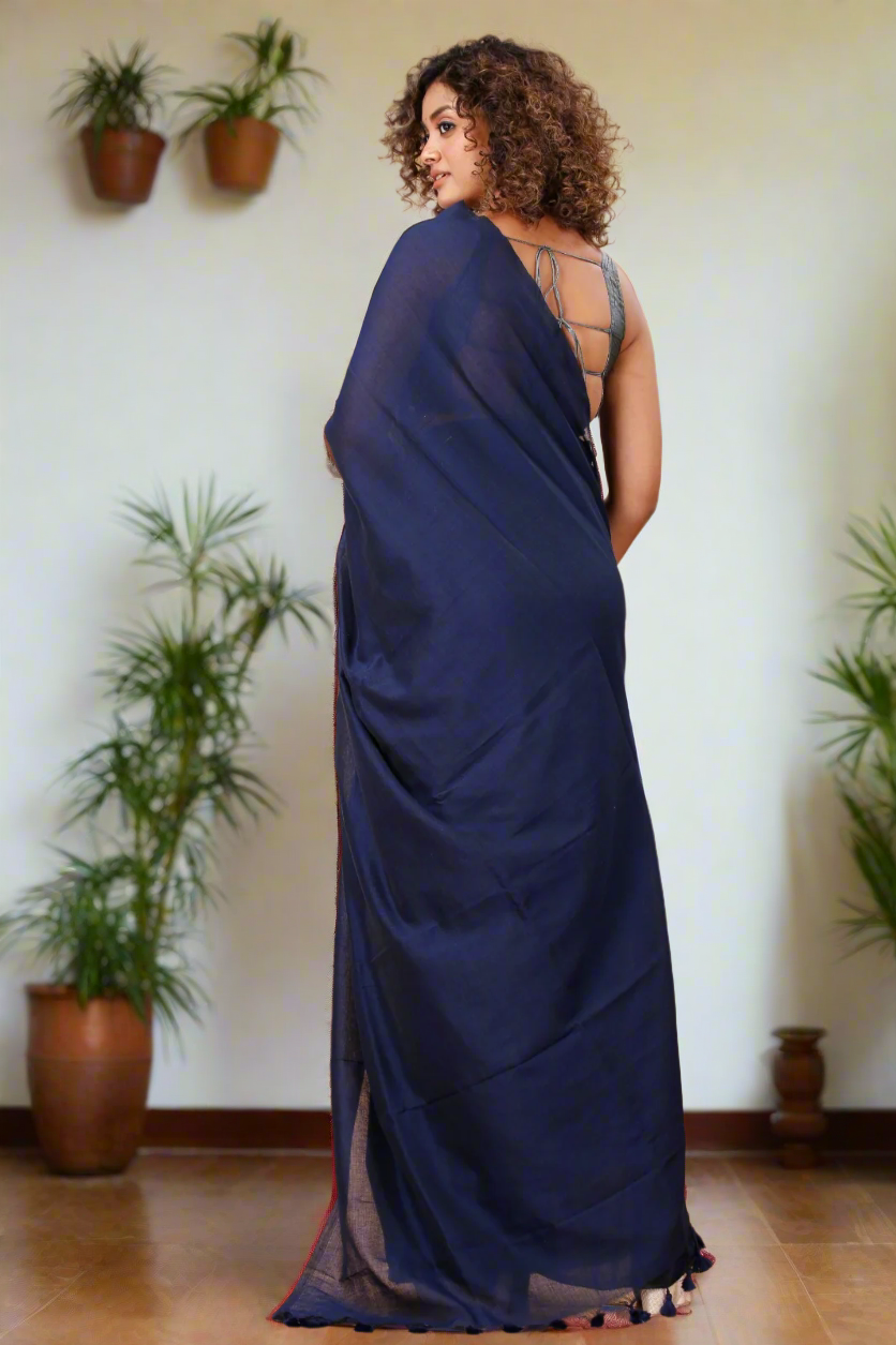 Navy Blue Khadi Cotton Saree