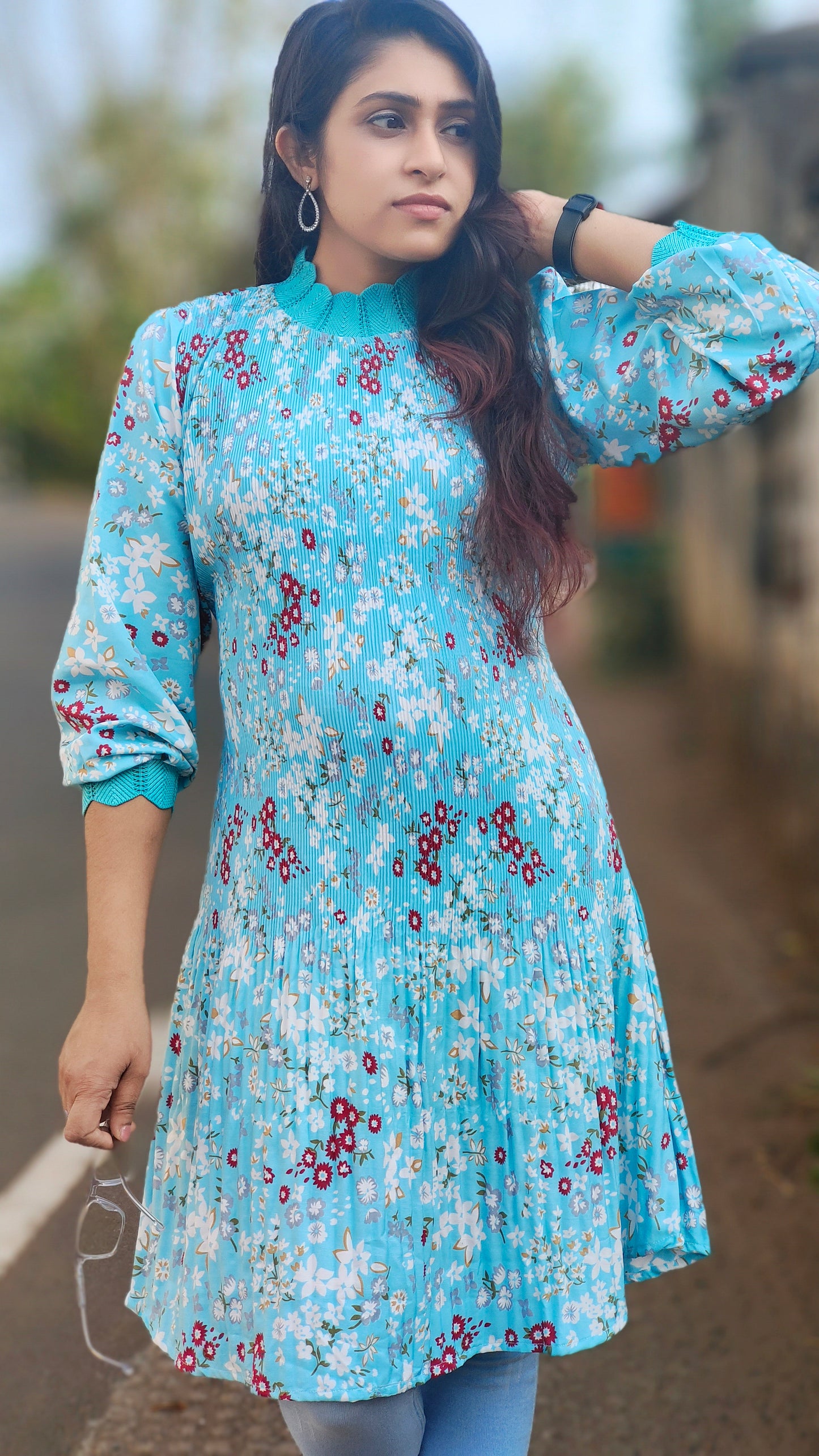 Sky Blue Floral Pleated Dress