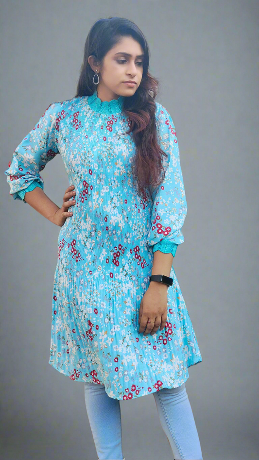 Sky Blue Floral Pleated Dress