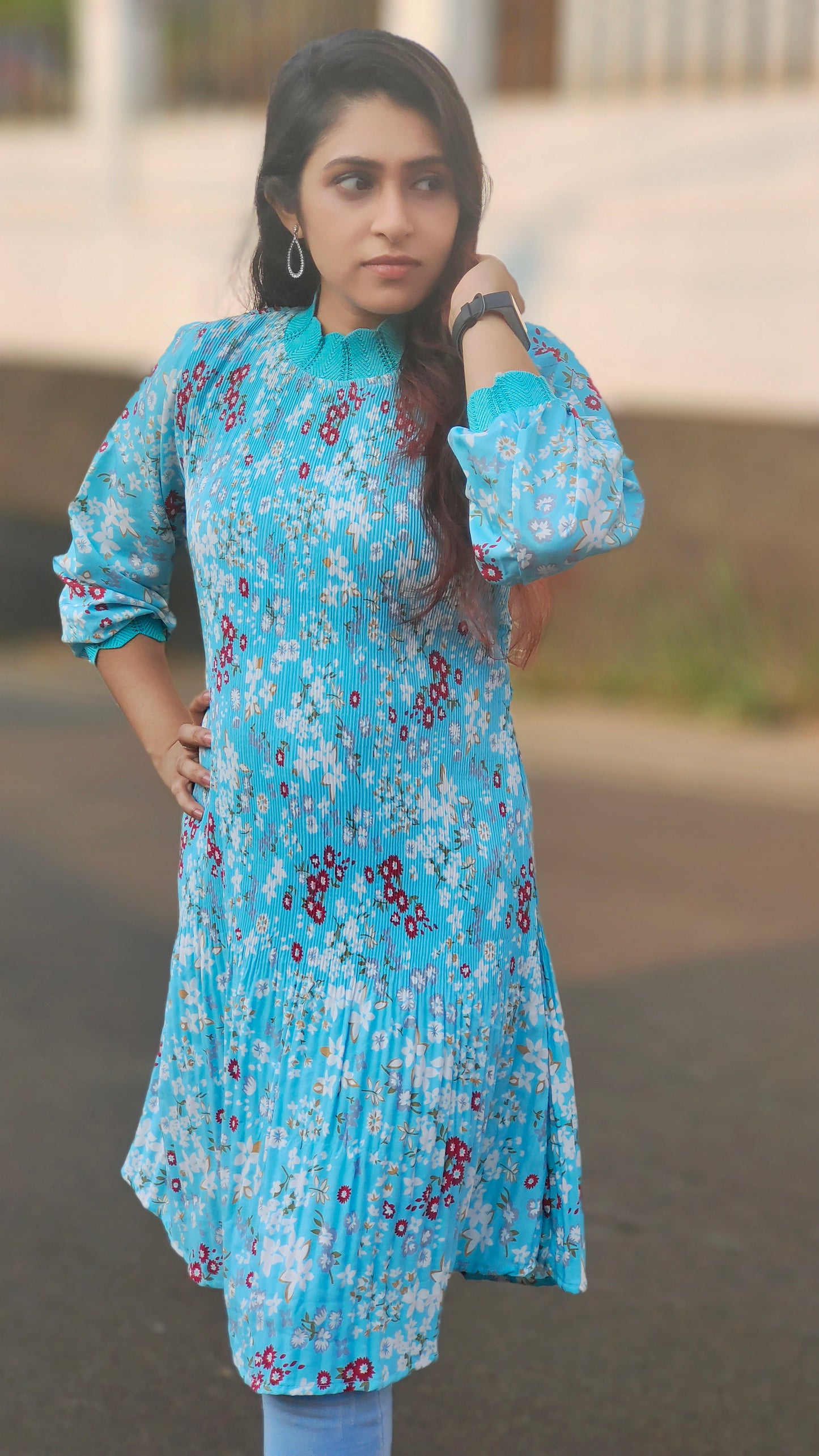 Sky Blue Floral Pleated Dress