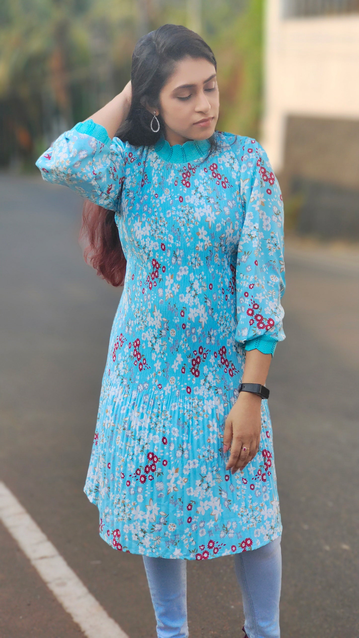 Sky Blue Floral Pleated Dress