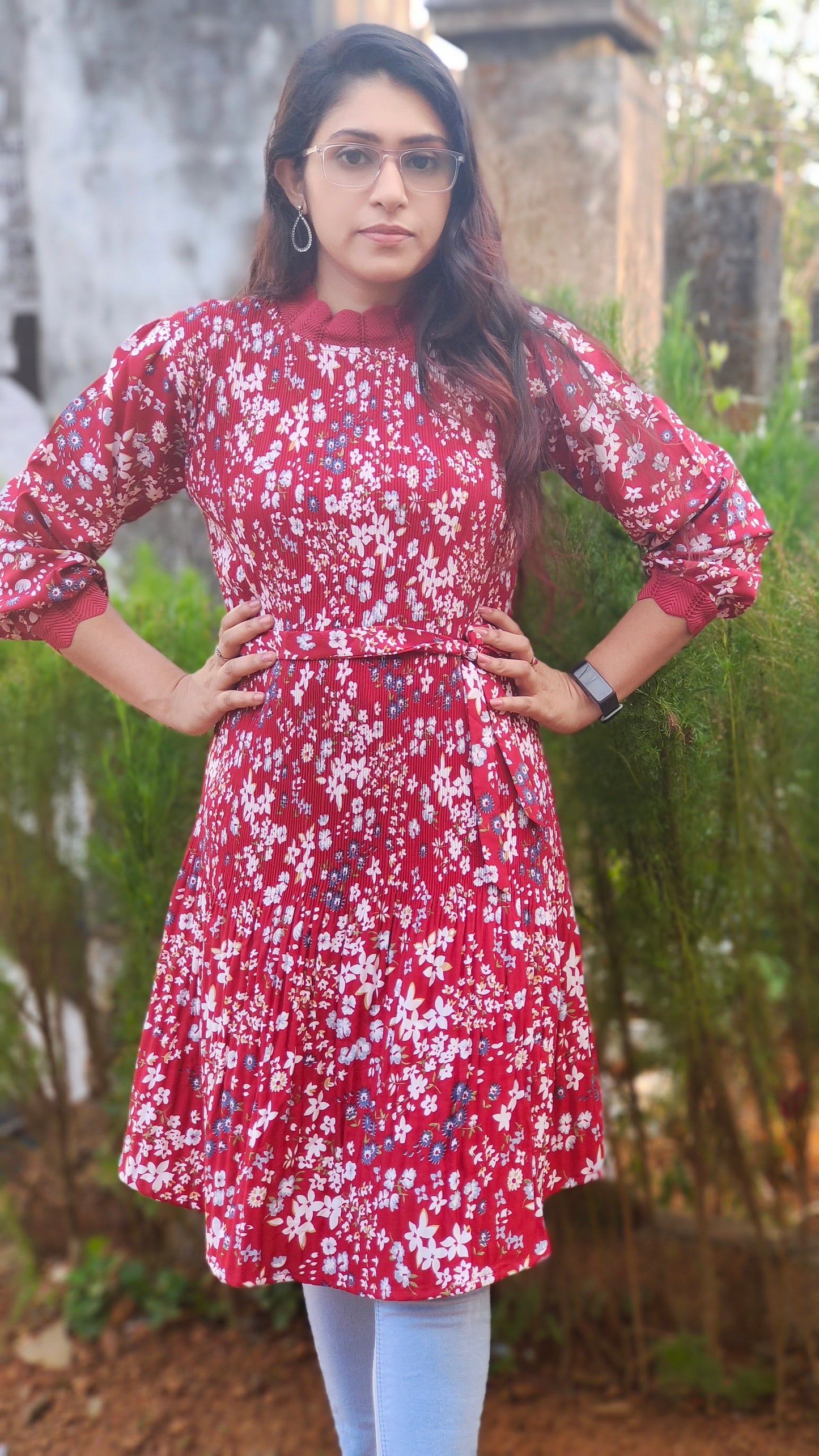 Red Floral Pleated Dress