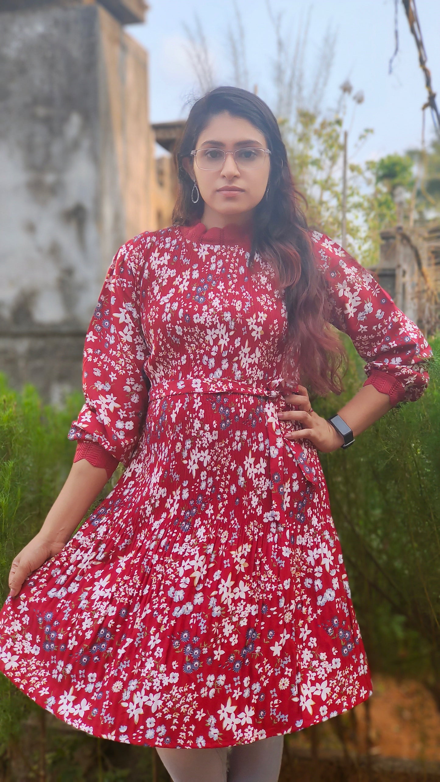 Red Floral Pleated Dress