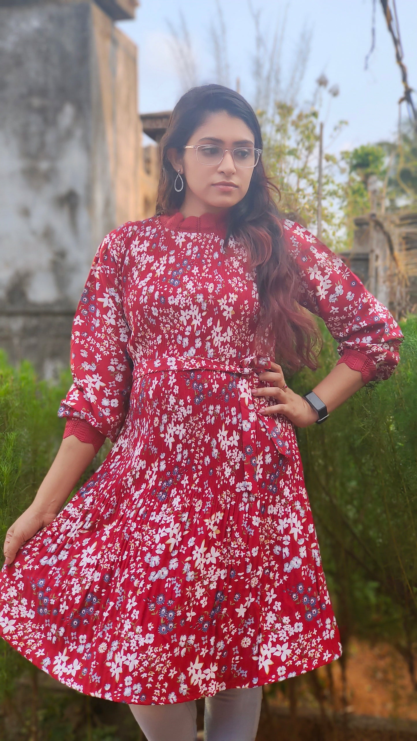 Red Floral Pleated Dress