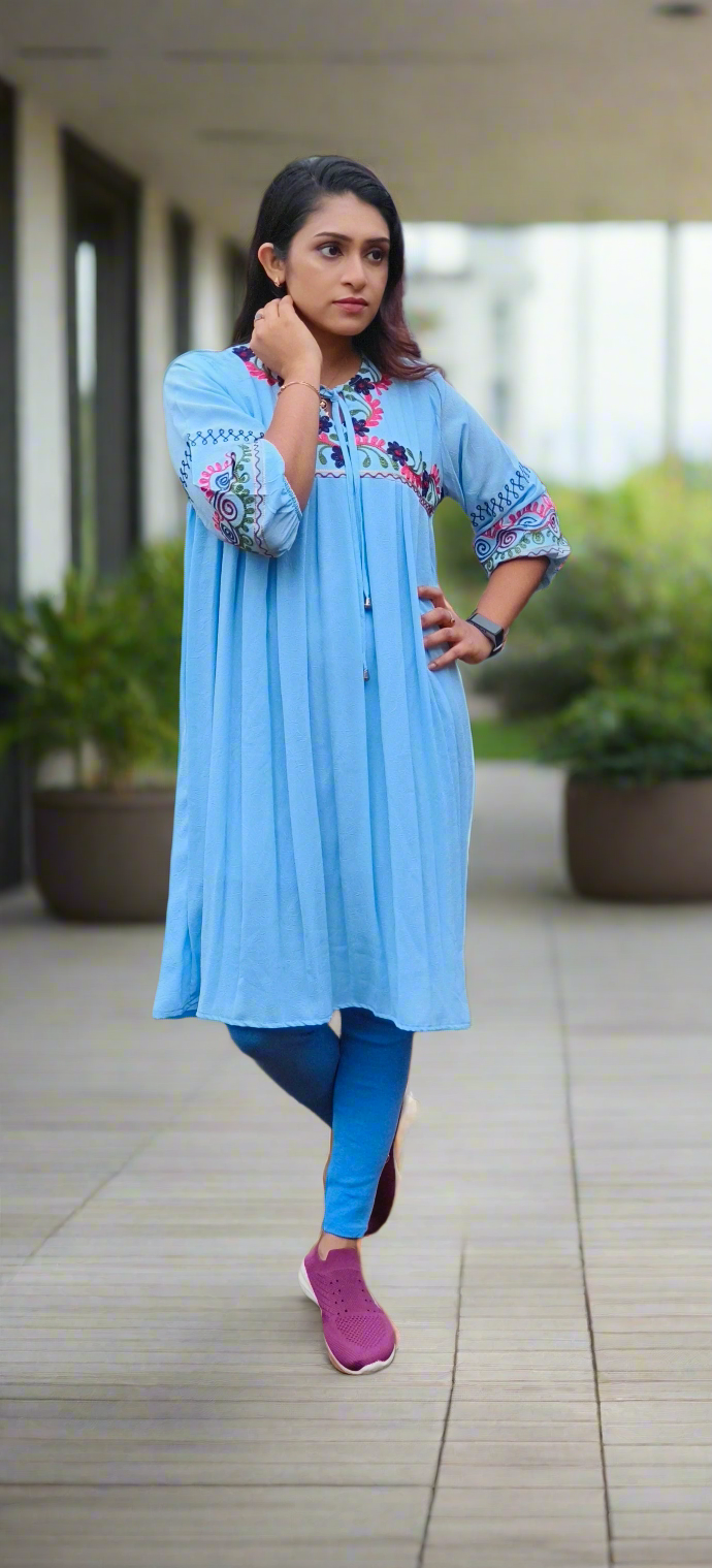 SkyBlue Embroidery ShortKurti