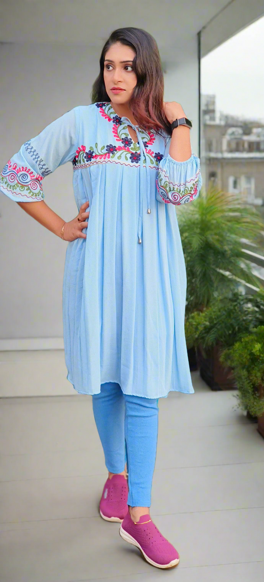 SkyBlue Embroidery ShortKurti