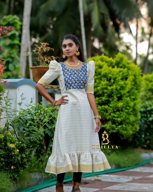 Blue Kasavu Handwork Kurti