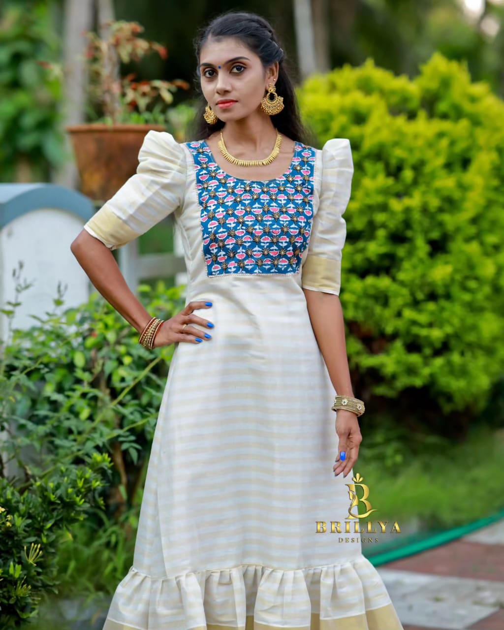 Blue Kasavu Handwork Kurti