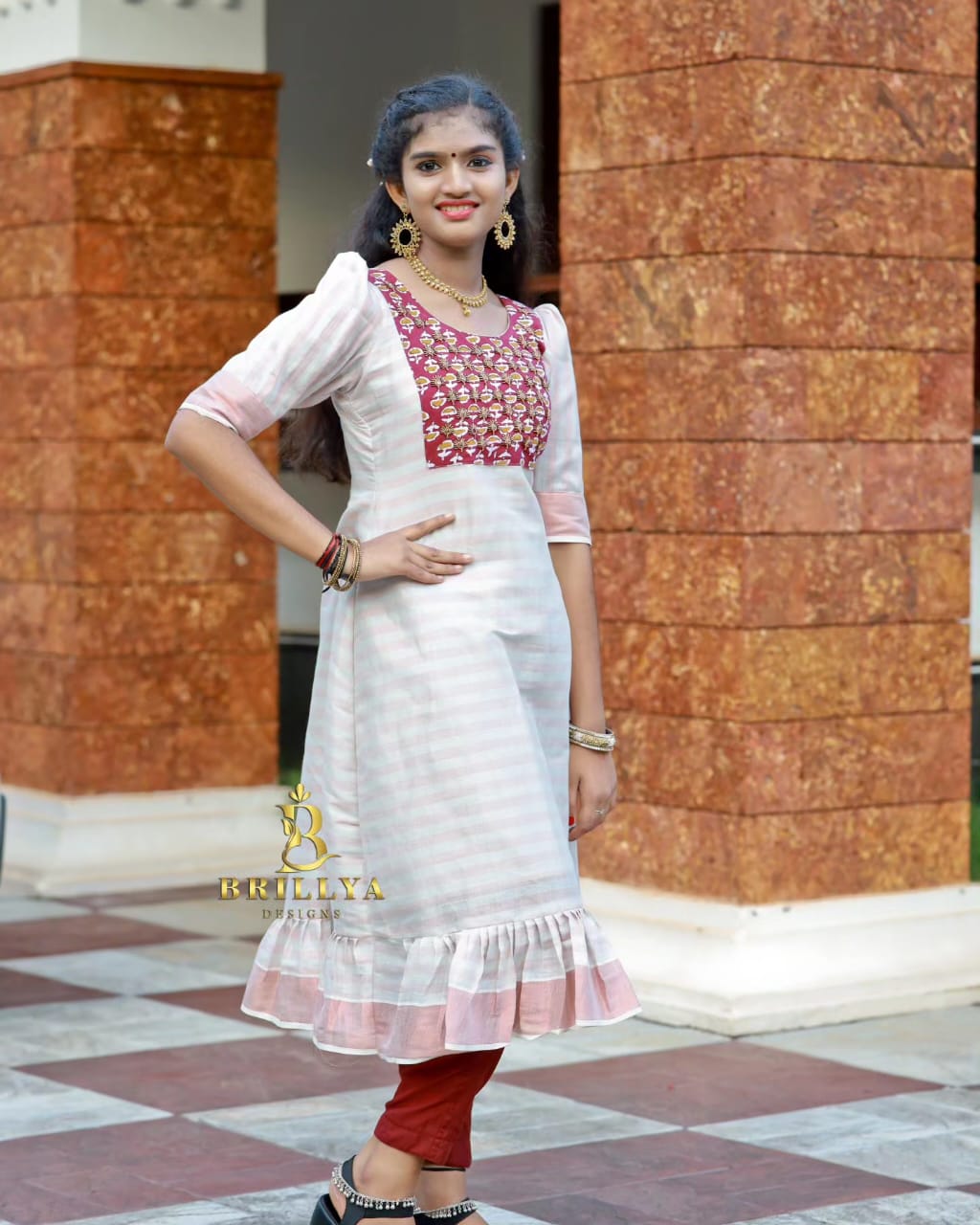 Brown Kasavu Handwork Kurti