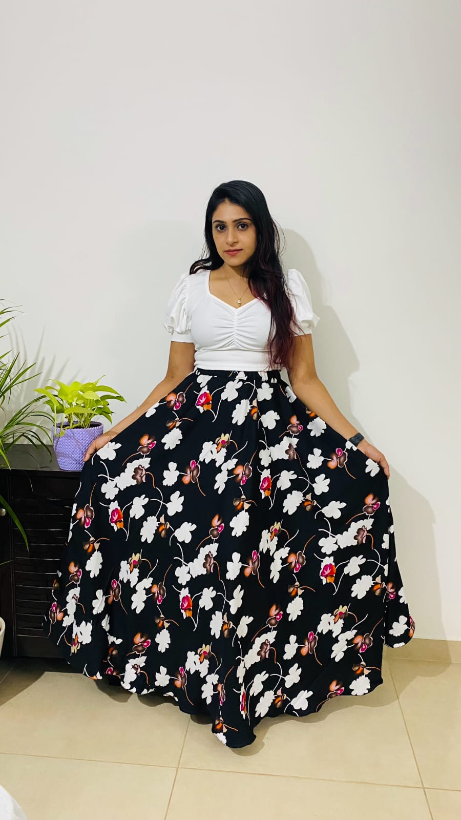 Black Floral Crepe Skirts