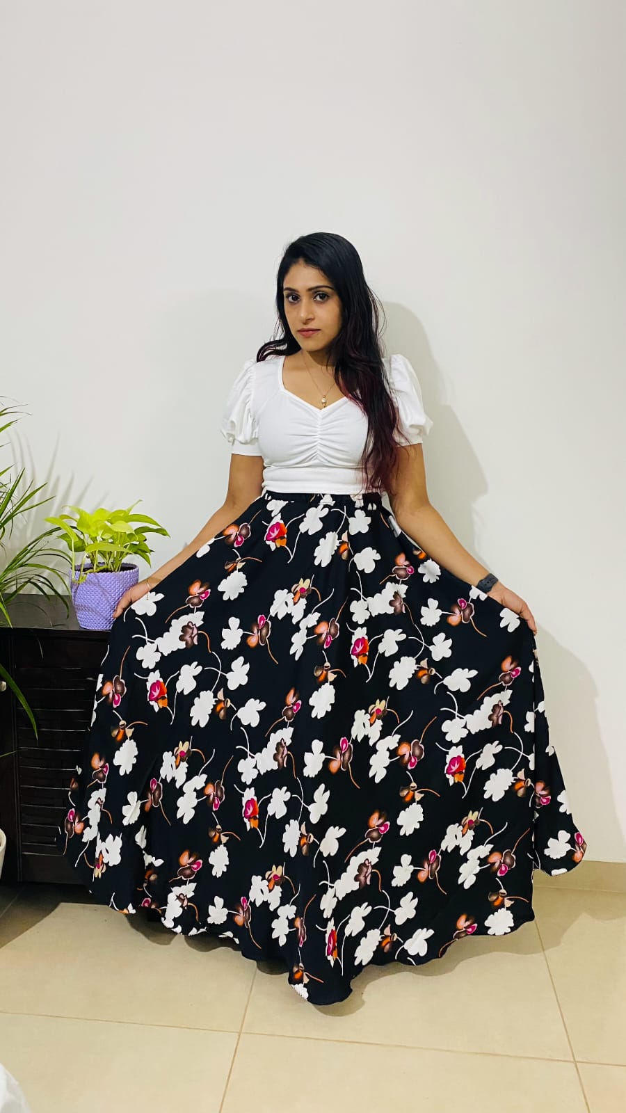 Black Floral Crepe Skirts